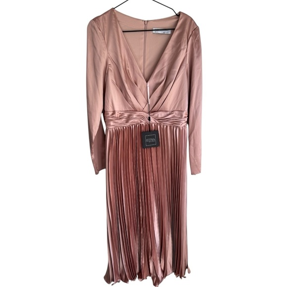 Ieena‎ for Mac Duggal 10 Pink 27148 Satin Long Sleeve V-Neck Dress Pastel Midi - Picture 5 of 8